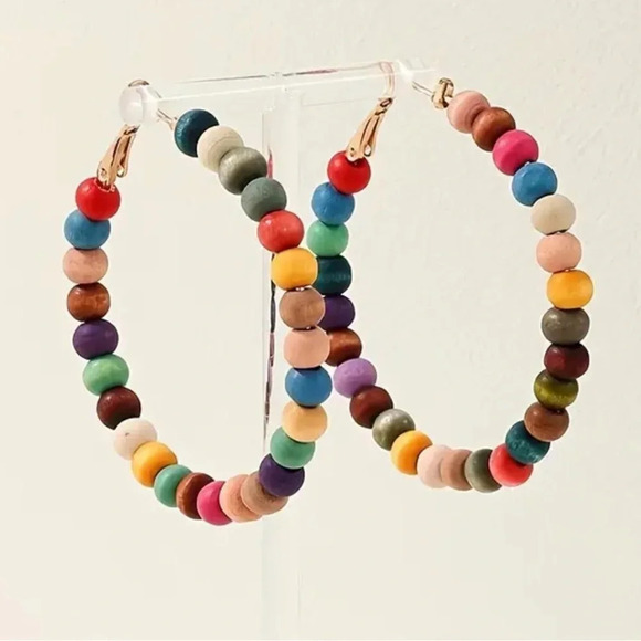 !!! Jewelry - Multicolor wood globe Hoop Earrings